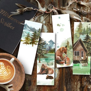 Woodland Forest Printable Bookmarks, Mountain Cabin with Bears, Set of 4 Camping Landscape Watercolor Bookish Gifts