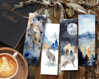 Wolf Printable Bookmarks, Wilderness Forest Watercolor Bookmark, Instant Download Nature Lover Bookmark Set, Howling Wolves Landscape