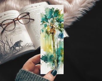 Beach Watercolor Bookmark, Tropical Island Gift for Reader, Hawaii Bookmarks with Palm Tree, Landscape Watercolor Page Marker for Book Lover