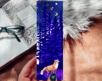 Watercolor Night Fox Bookmark, Galaxy Purple Forest Foxes Bookmarks, Gift for Reader, Book Lover Gift