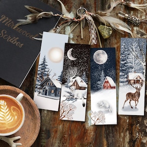 Winter Scenes Printable Woodland Bookmarks, Cabins and Forest Animals in the Snow Set of Bookmarks, Christmas Printable