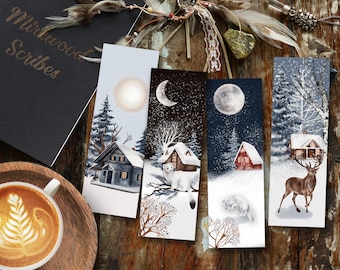 Winter Scenes Printable Woodland Bookmarks, Cabins and Forest Animals in the Snow Set of Bookmarks, Christmas Printable