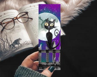 Black Cat Halloween Bookmark, Cat Lover Gift Black Cat and Full Moon Watercolor Handmade Bookmark