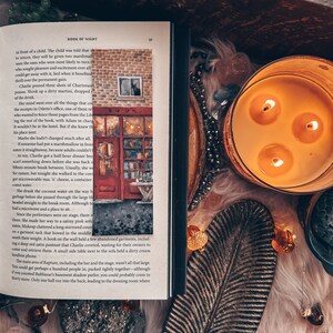 May include: A close-up of an open book with the title "Book of Night" on the cover. The book is open to a page with text about a character named Charlie. The image also shows a watercolor illustration of a small shop with a sign that says "Book".