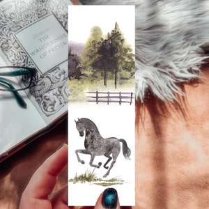 Marque-page en papier de lin cheval aquarelle, cadeau lecteur romantique paysage de campagne, cadeau amateur de chevaux