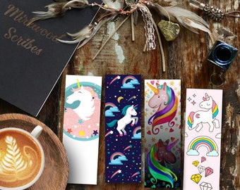 Unicorn Bookmarks, Printable Set of 4 Rainbow Unicorn Bookmarks, Unicorn Party Favors, Galaxy Unicorns