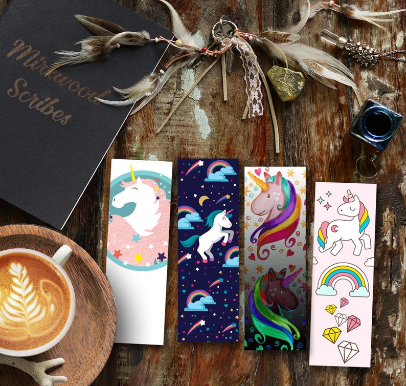 unicorn bookmarks printable set of 4 rainbow unicorn etsy