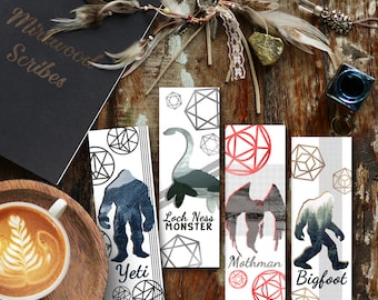 Cryptid Bookmarks, Yeti, Bigfoot, Mothman, Loch Ness Monster Bookmark for Books, Printable Set of Cryptids Bookmarks