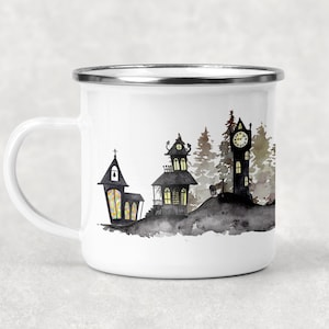 Halloween Metal Mug, Haunted Town Watercolor Camp Mug, Spooky Village Hot Cocoa Cup image 5