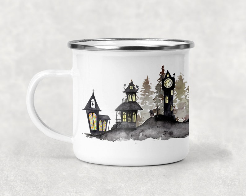 Halloween Metal Mug, Haunted Town Watercolor Camp Mug, Spooky Village Hot Cocoa Cup image 5