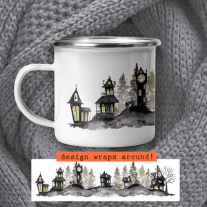 Halloween Metal Mug, Haunted Town Watercolor Camp Mug, Spooky Village Hot Cocoa Cup image 6