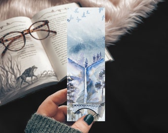 Elf Bridge Watercolor Bookmark, Blue Fantasy Reader Bookish Gift, Waterfall Bookmark Set with Elves, Fantasy Worlds Print