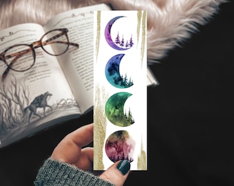 Moon Phase Rainbow Watercolor Bookmark, Unique Gift for Book Lover, Galaxy Forest Reader Accessory