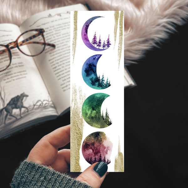Moon Phase Rainbow Watercolor Bookmark, Unique Gift for Book Lover, Galaxy Forest Reader Accessory