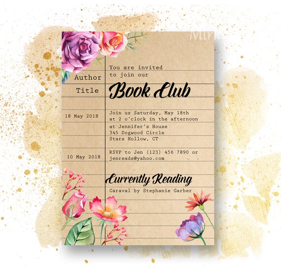 Book Club Invitation, Kraft and Watercolor Floral Library Card Book Club Invite