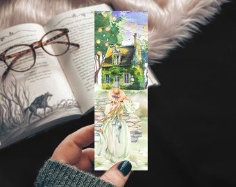 Forest Cottage Watercolor Bookmark, Romance Reader Bookstagram Gift for Best Friend, Handmade Bookmark with Historical Fiction Blonde Girl