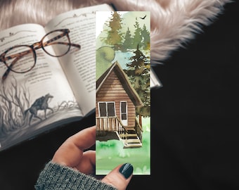 Watercolor Cabin in the Forest Bookmark, Green Mountain Landscape Book Lover Gift for Dad, Nature Themed Bookish Print