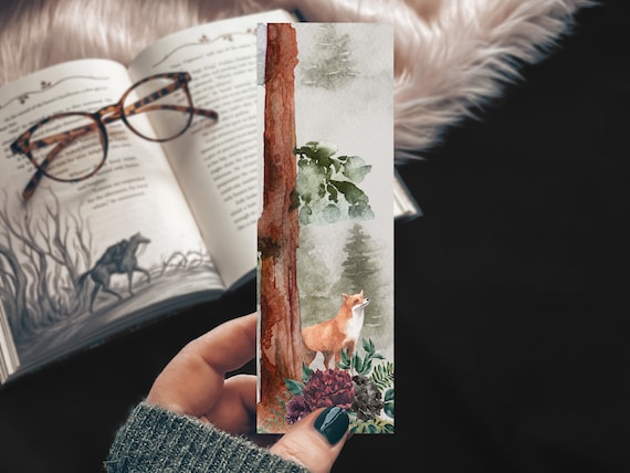 Fox Bookmark, Foggy Forest Woodland Bookmark, Linen Paper bookmark