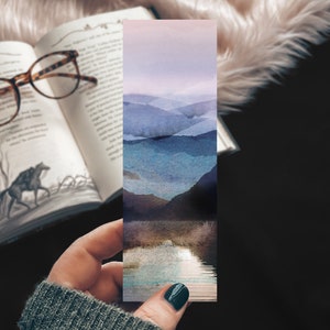 Watercolor Landscape Lake Bookmark, Purple Mountains Gift for Bookworm, Aesthetic Bookmarks For Him, Best Friend Small Gift