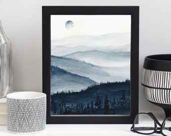 Magical Moonlit Forest Printable Watercolor, Blue Aesthetic Landscape Forest Wall Art, Nature Print Home Decor