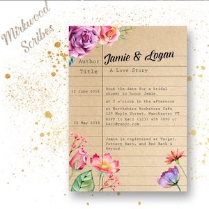 Library Card Bridal Shower Invitation, Literary Bridal Shower Invite with Flowers, Kraft Book Themed Bridal Shower Invitation