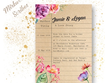 Library Card Bridal Shower Invitation, Literary Bridal Shower Invite with Flowers, Kraft Book Themed Bridal Shower Invitation