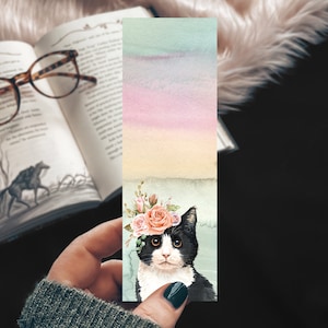 Cat Bookmark, Tuxedo Cat Lover Gift, Cat Stocking Stuffer and Reader Gift, Floral Watercolor Cat Bookmark