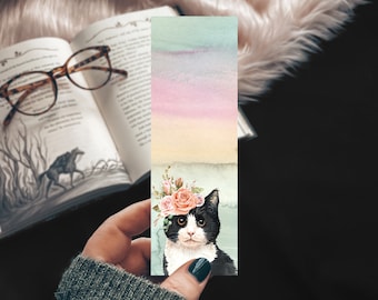 Cat Bookmark, Tuxedo Cat Lover Gift, Cat Stocking Stuffer and Reader Gift, Floral Watercolor Cat Bookmark