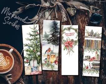 Cozy Christmas Printable Bookmarks, Christmas Bookshelf Bookmark, Christmas Printable, Holiday Themed Bookmark Set Download