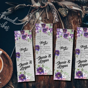 Segnalibro personalizzato per doccia letteraria, segnalibro con giardino viola, segnalibro personalizzato con tessera della biblioteca viola e verde, doccia a tema libro