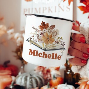 Personalized Bookish Fall Camp Mug, Best Friend Reader Gift, Custom Name Mug with Book and Autumn Flowers