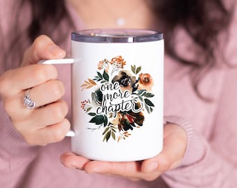 Book Lover Reis mok met deksel, bloemen nog een hoofdstuk roestvrij stalen mok, bookish oranje herfst thema metalen beker voor lezer, zuster cadeau