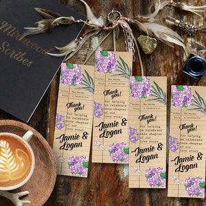 Purple Literary Shower Favor Bookmark, Custom Hydrangea Library Card Bookmark, Book Themed Shower Favors