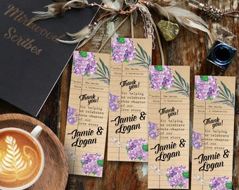 Purple Literary Shower Favor Bookmark, Custom Hydrangea Library Card Bookmark, Book Themed Shower Favors