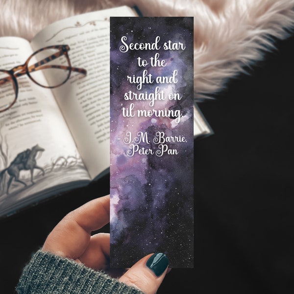 Peter Pan Watercolor Bookmark, Second Star to the Right, Children's Literature Purple Gift, Galaxy Watercolor Gift for Reader