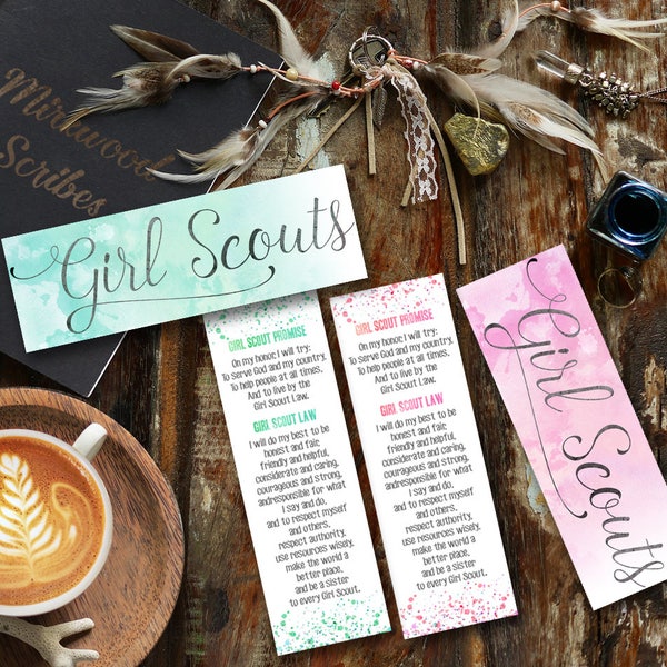 Girl Scout Promise and Law Printable Bookmarks, Girlscout pretty watercolor bookmarks