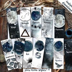 Zakładki Zodiaku, Zestaw 48 Wydrukowanych Akwareli Zodiaku, Zakładki Astrologiczne, Kryształy Znaków Gwiazd i Fazy Księżyca