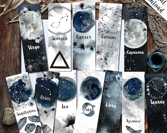 Zodiac Bookmarks, Instant Download Set of 48 Printable Zodiac Watercolor Bookmarks, Astrology Bookmarks, Star Signs Crystals and Moon Phases