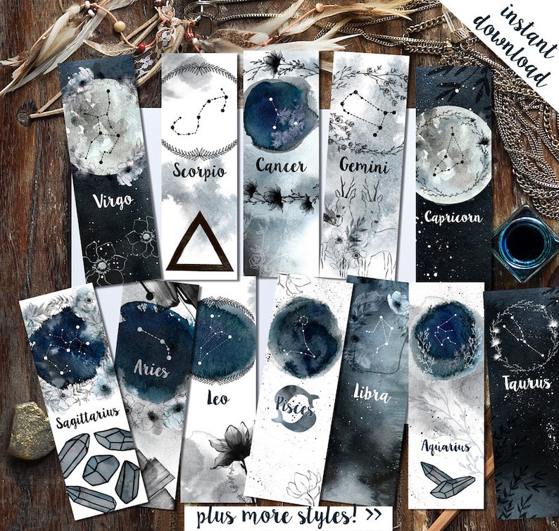 May include: Set of twelve printable bookmarks featuring watercolor illustrations of the zodiac signs. Each bookmark includes the name of the sign and a constellation design. The bookmarks are in shades of blue, gray, and black.