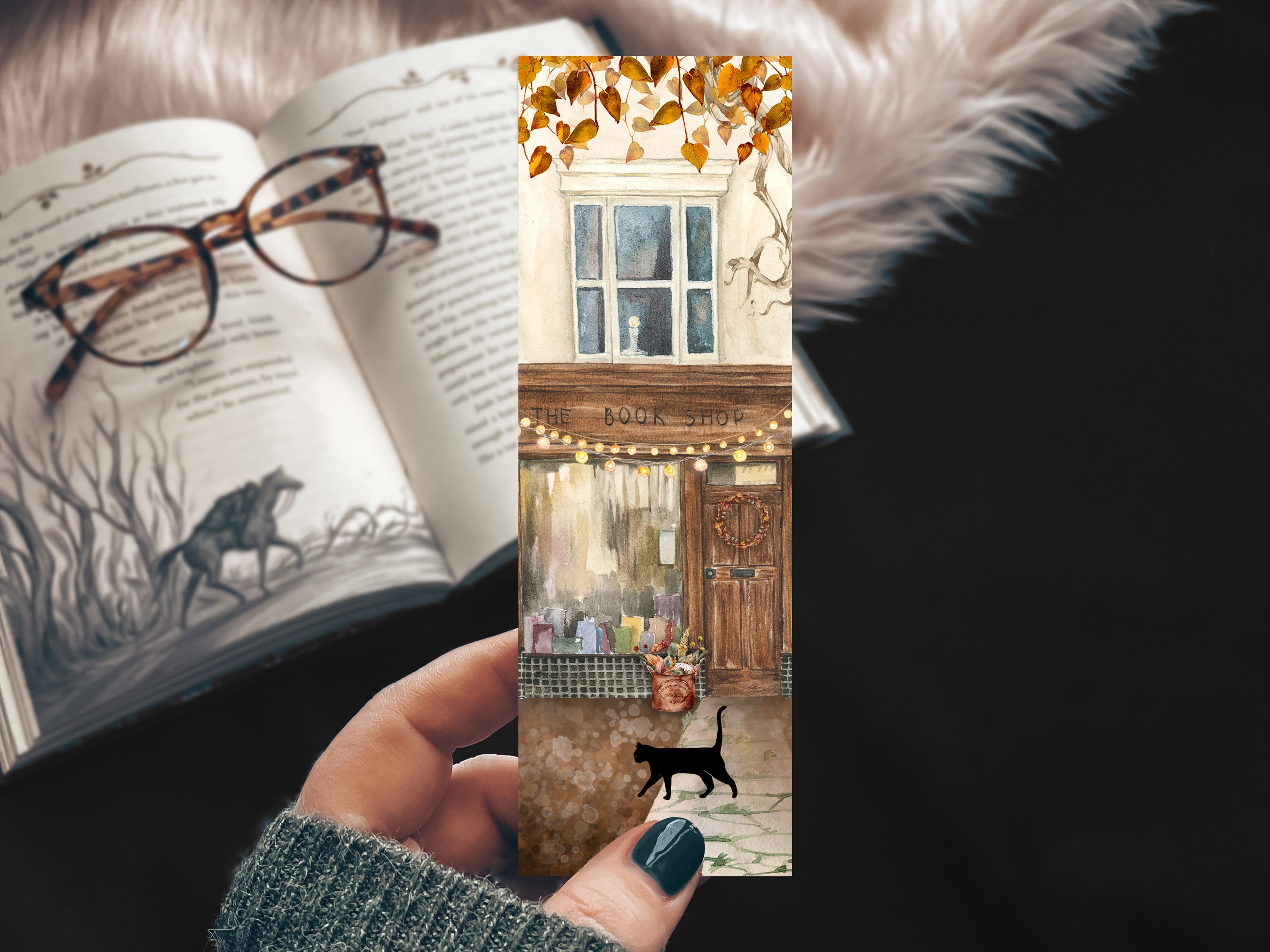Fall Bookshop Watercolor Bookmark, Books and Cat Autumn Bookmark, Cozy Bookstagram Gift, Handmade Bookmark with Book Store and Cat