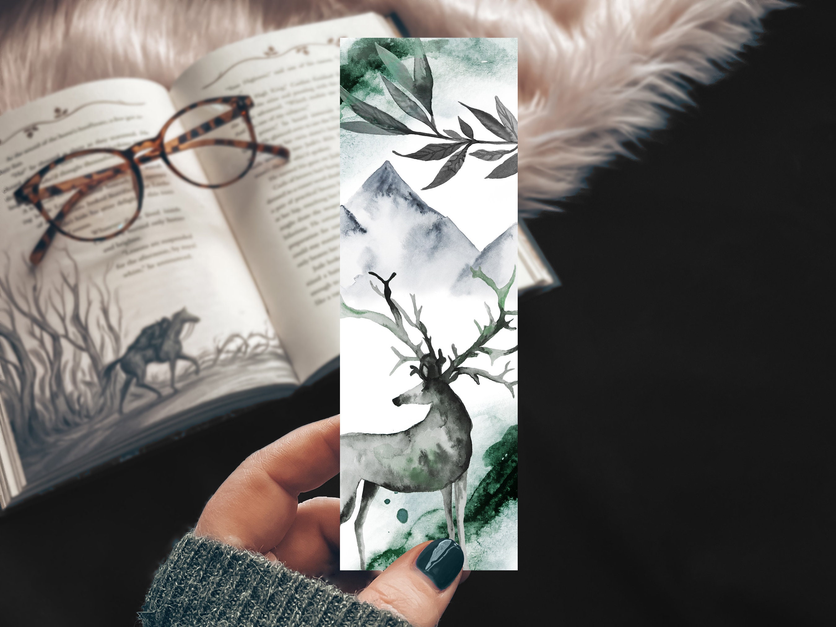 Watercolor Deer Bookmark, Forest Animal Green Landscape Bookmarks, Gift for Reading Dad, Paper Bookmark Set