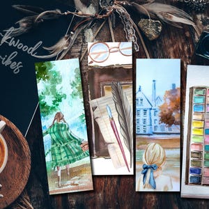 May include: Four rectangular bookmarks featuring watercolor illustrations. One shows a person in a green plaid coat, another displays glasses and a quill, the third depicts a person with a blue hair bow, and the fourth shows a paint set with a brush.