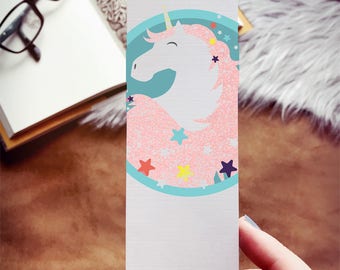 Pretty Pastel Unicorn Bookmark, Linen Paper Bookmark, Pink Glitter Unicorn