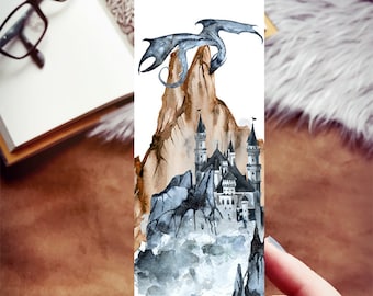 Fantasy Castle Dragon Bookmark, Inky Dragon Watercolor Handmade Bookmark, Dragon Lover Gift, Blue Dragon Winter Bookmark