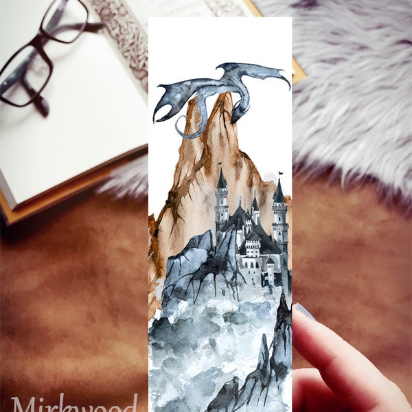 Fantasy Castle Dragon Bookmark, Inky Dragon Watercolor Handmade Bookmark, Dragon Lover Gift, Blue Dragon Winter Bookmark