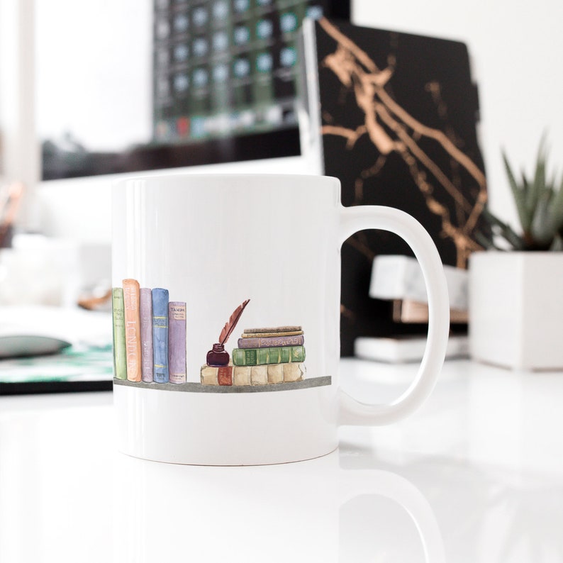 Bookshelf Coffee Mug Wraparound Library Books and Plants Etsy