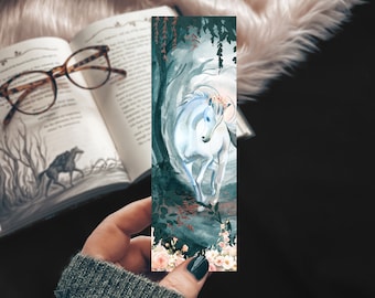 White Stallion Enchanted Forest Bookmark, Magical Horse in the Garden, Romance Reader Twilight Realm Print for Book Lovers