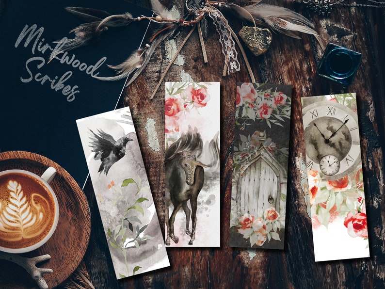 May include: Set of four watercolour bookmarks featuring a black crow, a white unicorn, a vintage door, and a clock with floral accents. The bookmarks are printed on white paper and have a watercolour effect.