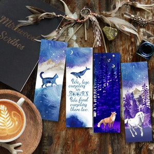 Galaxy Animals Printable Celestial Bookmark Set, Cat and Unicorn Zodiac Bookmarks image 1