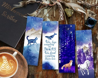 Galaxy Animals Printable Celestial Bookmark Set, Cat and Unicorn Zodiac Bookmarks